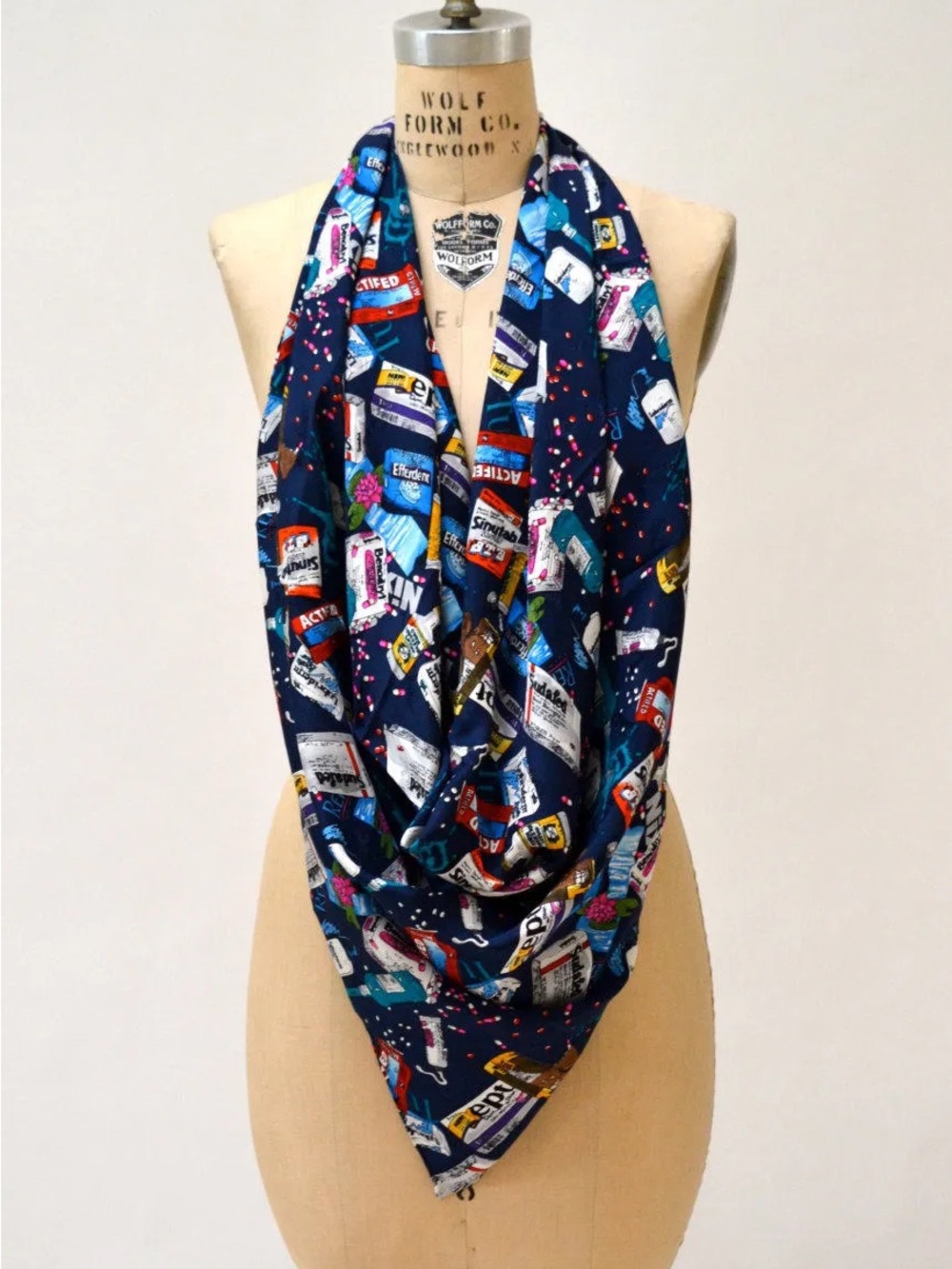 Nicole Miller Silk 90’s Large Novelty Scarf Pill Medicine Drug Print